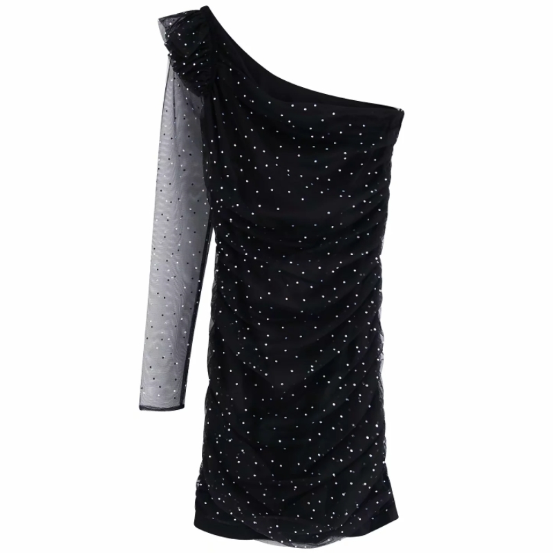 new women pleated ruffles asymmetric slim mini dress ladies sexy single shoulder vestidos sequins decoration dresses DS3116 T200604