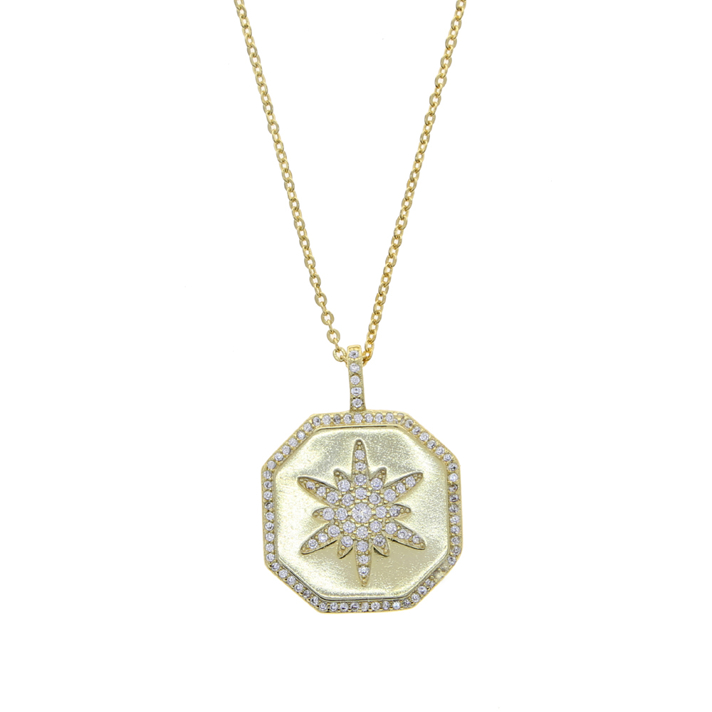 Geometric Fashion European Women Jewelry Promotion Gold Color White Rainbow CZ Starburst Hexagon Coin Pendant Necklace