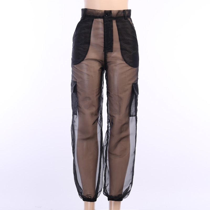 Harajuku Mesh Seethrough Hight Waist Cargo Pants Patchwork Sweatpants Black Fashion Summe Women Transparent New Loose Trousers T200606