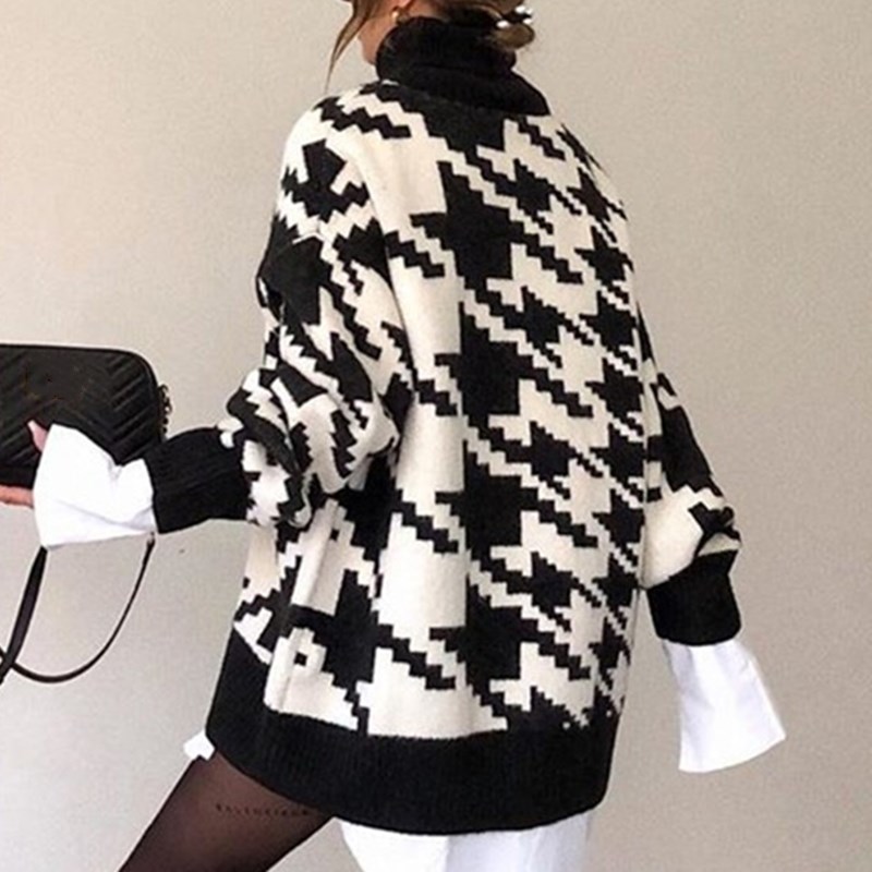 Knitted Women Sweater Pullovers Autumn Winter Geometric Houndstooth Knitted Sweater Ladies Oversize Retro Sweater 201222
