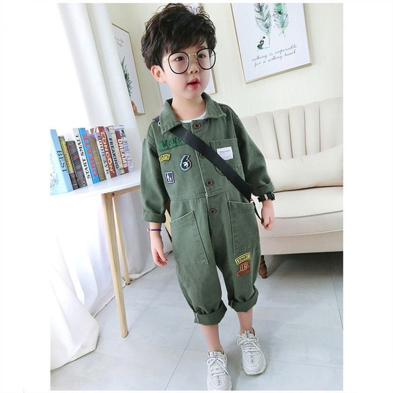 Children Jumpsuit Baby Boys Girls Spring Autumn Romper Tooling Clothing Child Baby Fashion Trendy Army Green Clothes Sets 2-7 YX1019