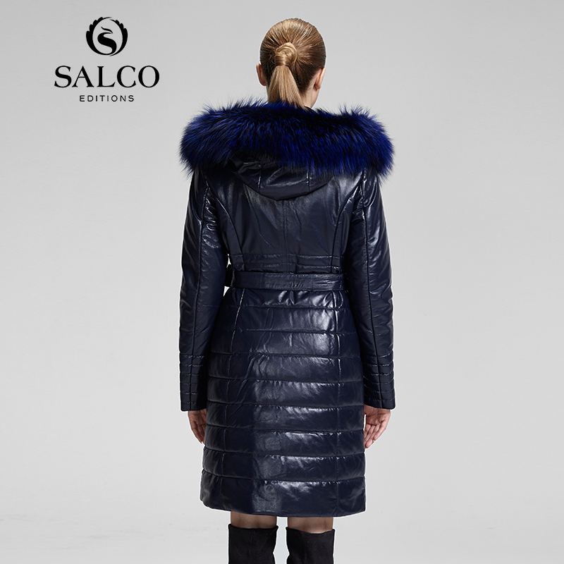 SALCO Free shipping newest popular in Europe and America long raccoon fur hooded leather jacket ladies section 201226