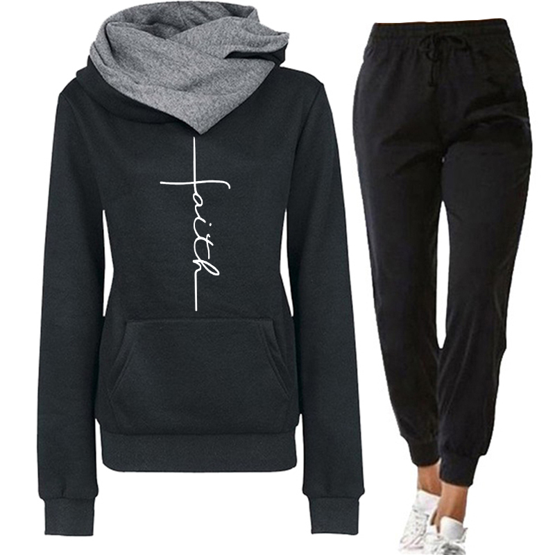 Winter Woman Tracksuit 2 Piece Set Hoodies+Pants Faith Embroidered Sweatshirt Long Sleeve Pullovers Casual Warm Women's Suit 201113