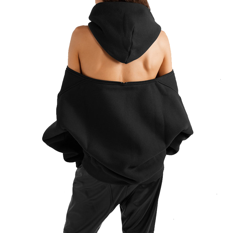 CHICEVER Black Women's Sweatshirts Hooded Long Sleeve Zipper Backless Off Shoulder Sweatshirt Spring Fashion Clothes 200928