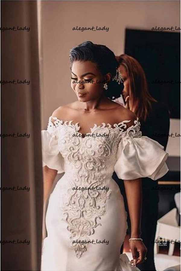 African Mermaid Wedding Dresses 3D-Floral Applique Lace Ruffles Satin Bridal Gown Sweep Train Custom Made Robe De Mariee