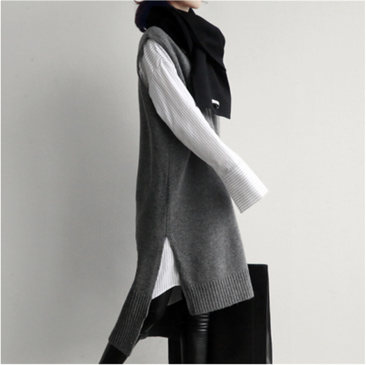 Korean INS wind sweater vest short front and back long vest skirt knitted V-neck thickened mid-length sweater skirt 201203