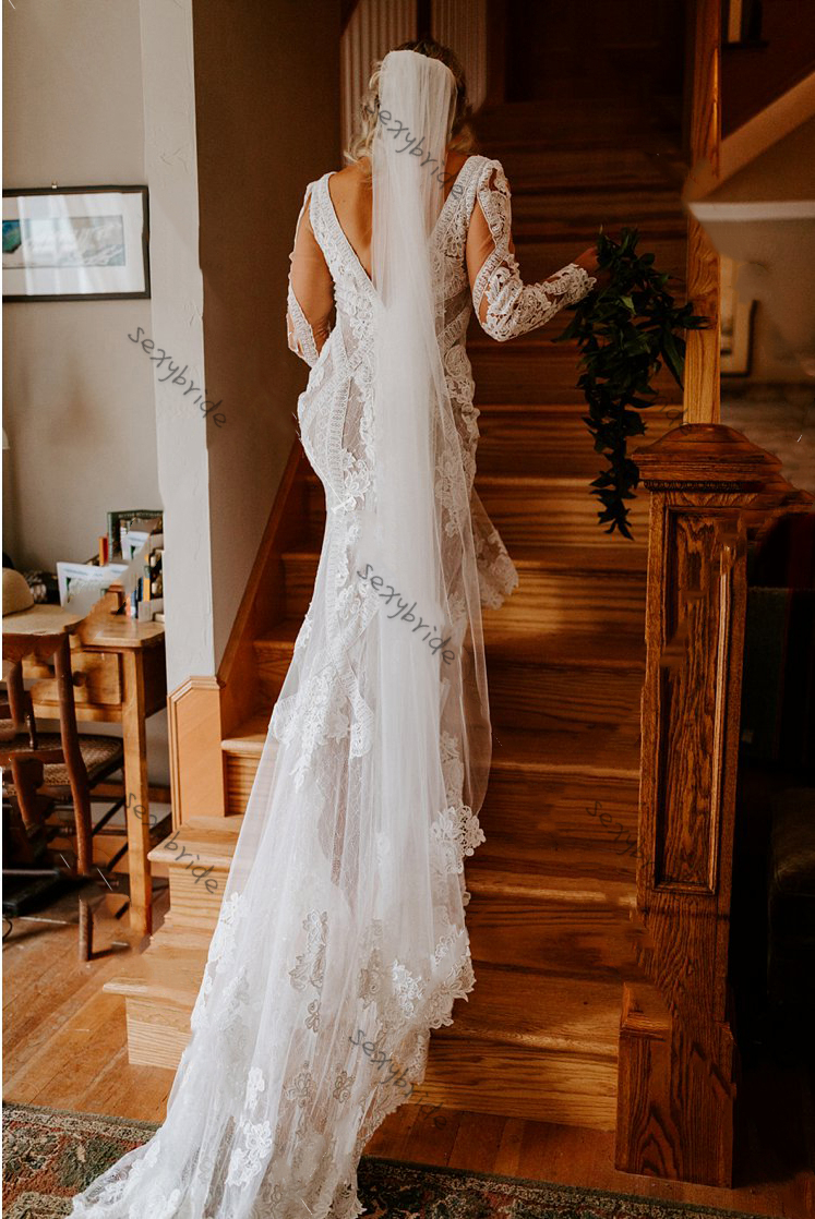 Vintage Beige Mermaid Country Wedding Dresses Illusion Long Sleeve Appliques Sexy Open Back Deep V Neck Thigh Slit Boho Beach Bridal Gowns