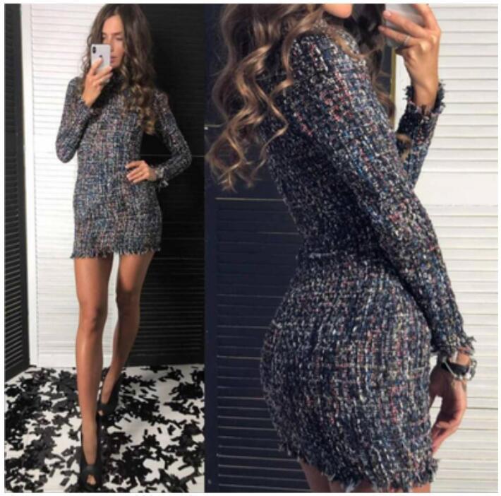 Casual Dresses Tweed Dress For Women Wool Long Sleeve 2021 Autumn Winter Vintage Plaid Ladies Woolen Elegant Female Houndstooth Mini