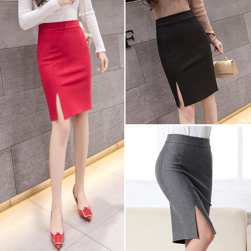 New Fashion Women Office Formal Pencil Skirt Spring Summer Elegant Slim Front Slit Midi Skirt BlackGrayRed OL Skirts T200324