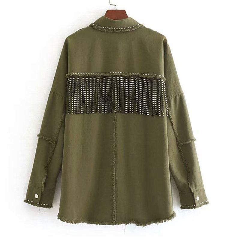 Army Green Lapel Stylish Oversized Beading Decorate Denim Women Jacket Tassel Long Sleeve Coat Female Outwear Loose Tops Black 201109