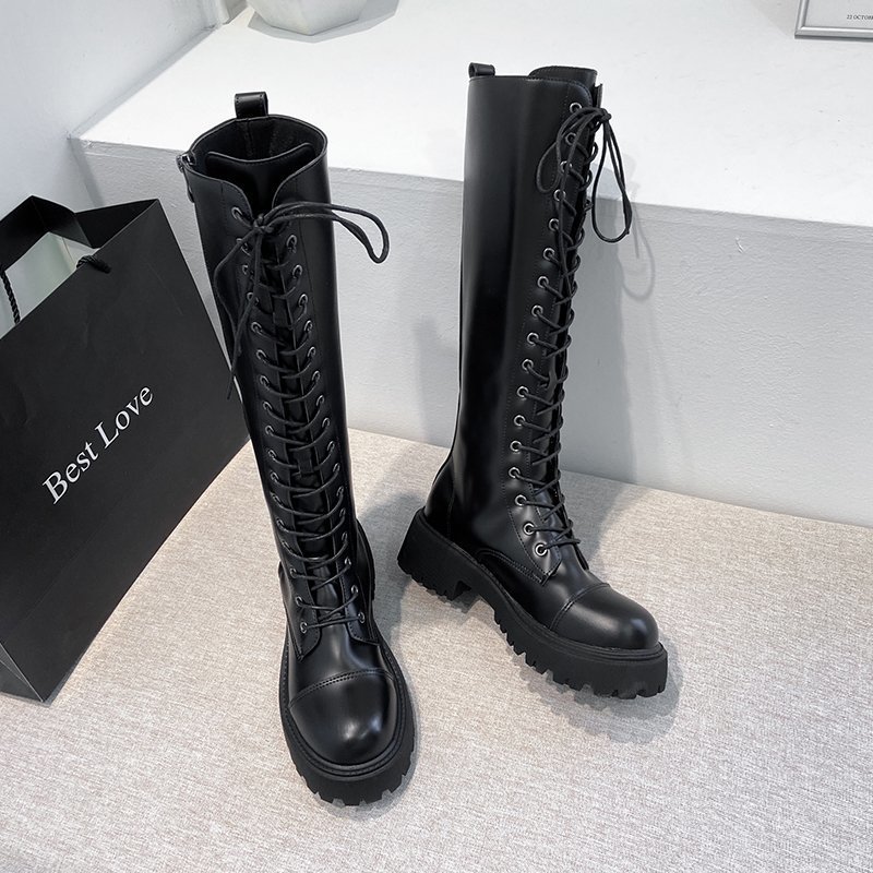 Women Combat Boots Antumn Female High Platform Gothic Shoes Black Leather Boots Lace up Women Knee High Boots 201019