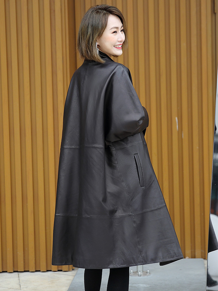 Lautaro Black oversized leather jacket women batwing sleeve Casual soft loose wrap coat Plus size faux leather streetwear women 201226