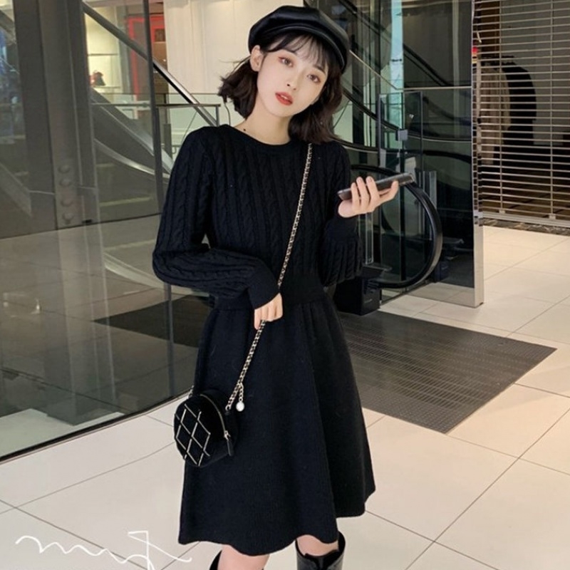 FIORDS Korean Chic Brown Winter Knitted Ladies Dresses Stretch A Line Vintage Christmas Dress Warm Long Sleeve Sweater Dress LJ201204