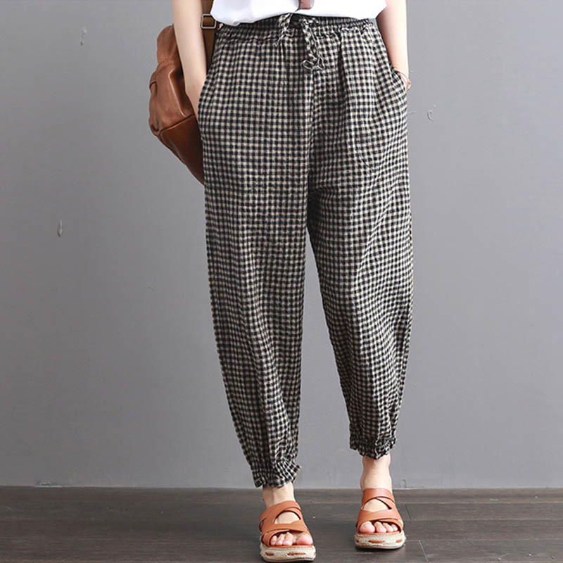 S-5XL 2019 Celima Women Plaid Check Elastic Waist Retro Cotton Linen Retro Turnip Harem Pants Pockets Loose Long Pencil Trousers T200319