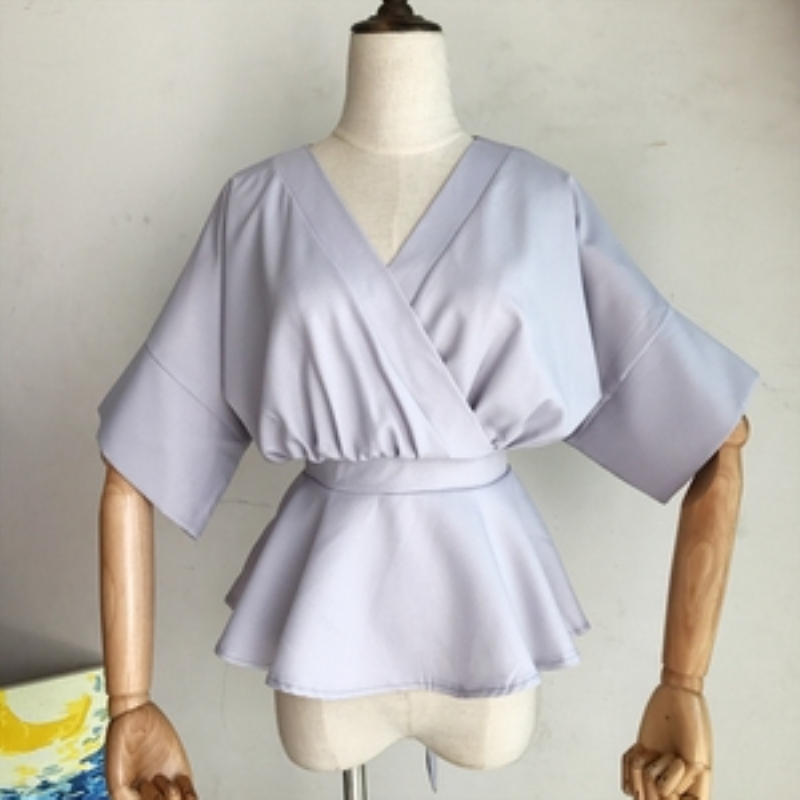 2019 Korean Women Bow Lace Up Slim Tops And Blouses Ladies V-Neck Chiffon Shirt Half Sleeve Ruffles Oversized Blusas Mujer T200321