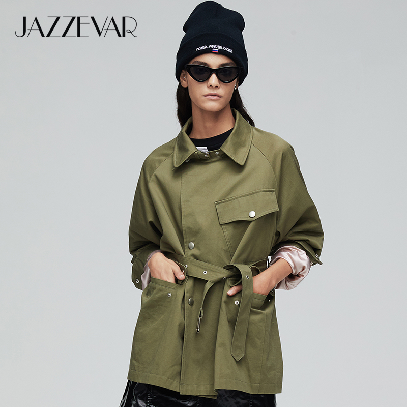 JAZZEVAR arrival autumn trench coat women green color fashion cotton double breasted short outerwear high quality90171 201030