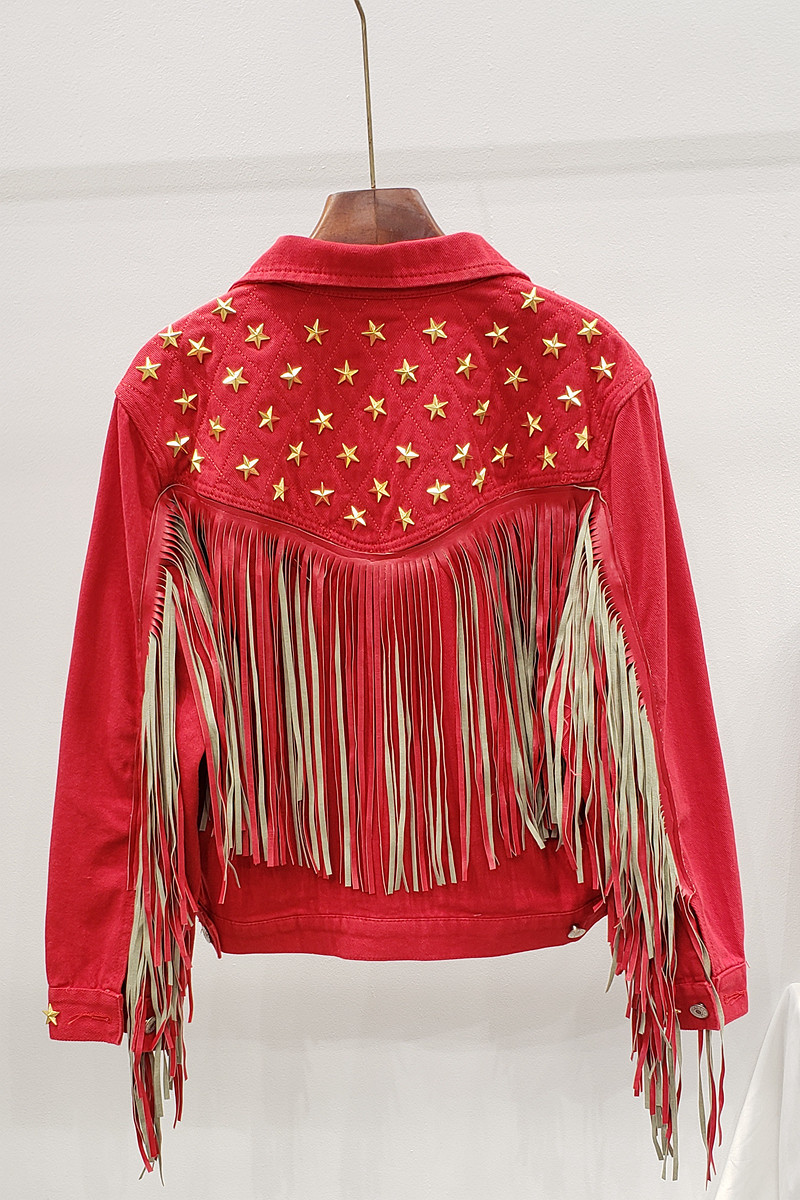 DEAT Autumn Winter Long Sleeve Turn Down Collar Rivet Tassel Red Denim Jacket Women Coat Streetwear MK007 201019