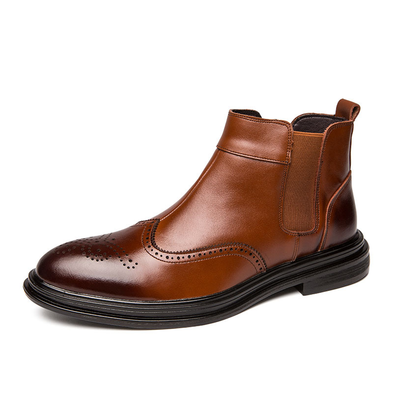 Hot Sale-Autumn Genuine Leather Brogue Shoes Men Vintage British Casual Fashion Dress Ankle Boots Business Work Wedding Boots