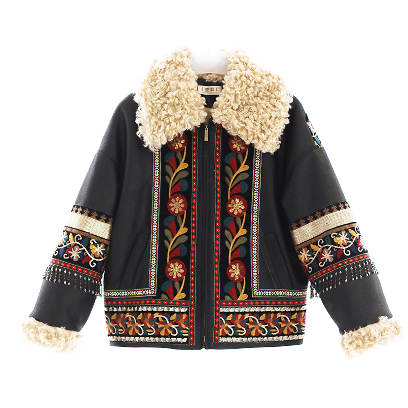 AIGYPTOS Winter Women Exotic Vintage Loose Embroidery Tassel PU Leather lambswool Patchwork Warm Black Locomotive Jacket 201029