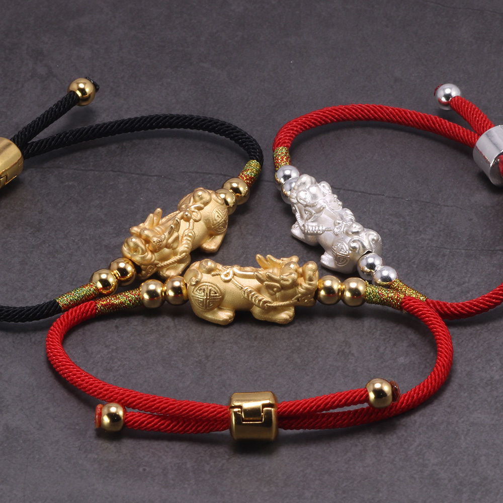 Lucky Red Rope Bracelets 999 Sterling Silver Pixiu Gold Color Tibetan Buddhist Knots Adjustable Charm Bracelet For Women Men Y200107