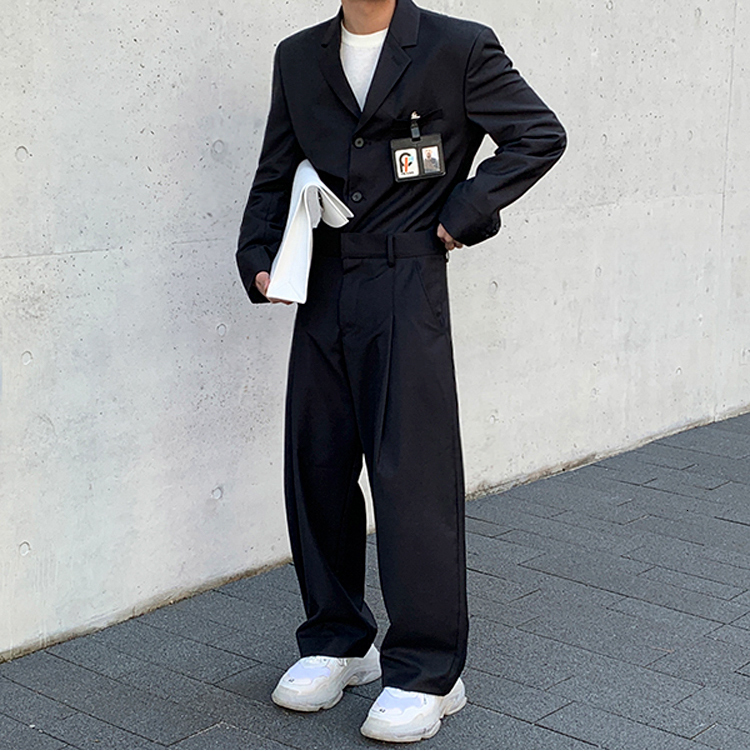IEFB /men's autumn new single breasted suit + fashion black Wide Leg suit pants loose streetwear all-match 2 piees set 9A30 201105