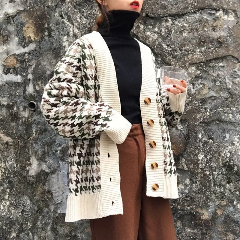 Sweater autumn plaid knitted jacket Korean cardigan women's long section loose lazy 201017