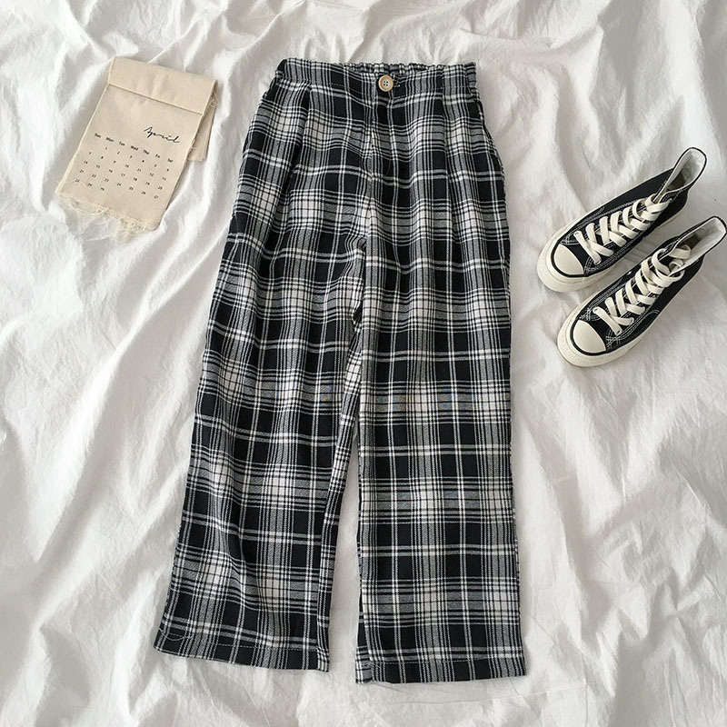 HOUZHOU Style Leg Korean Wide Summer Plaid Fashion Women Checkered Palazzo Pants 201111