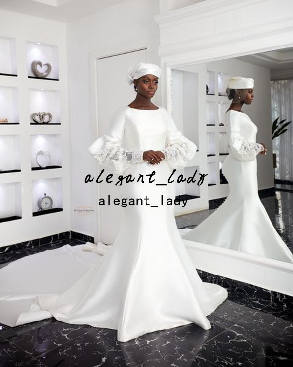Long Sleeve Nara Aziza Wedding Dresses 2022 Lace Stain Jewel Neck African Sweep Train vestido saten largo bridal gown