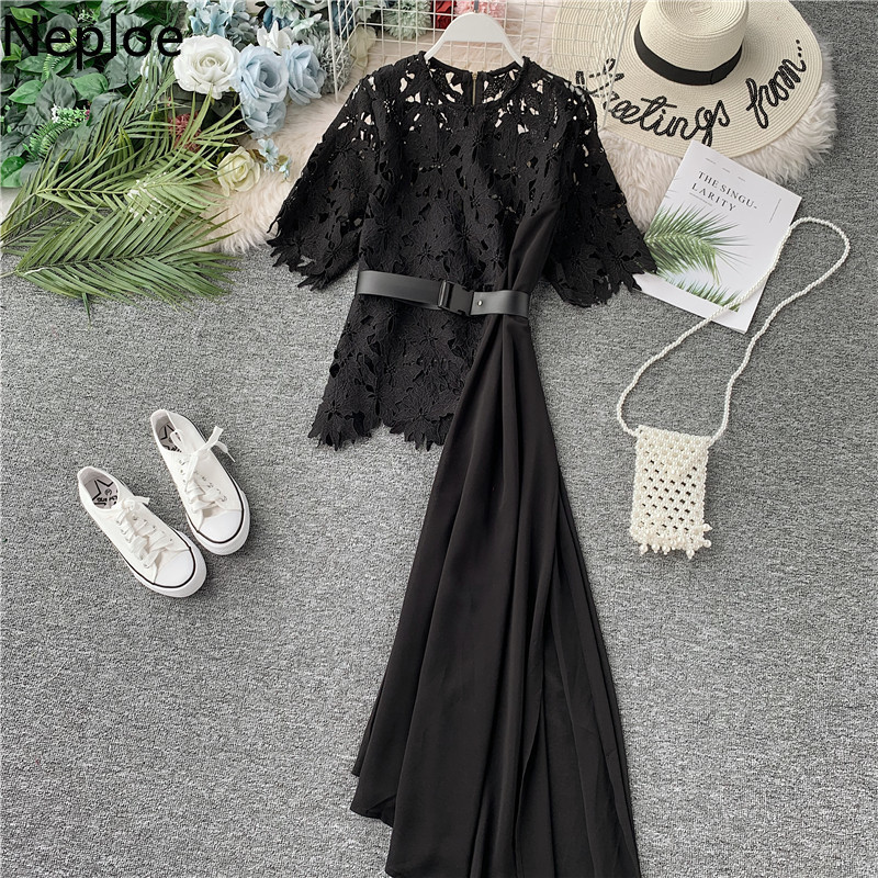 Neploe White Irregular Women Blouse Fashion Patchwork Hollow Out Lace Blusas Belted Elegant Office Lady Long Blouses Tops T200321