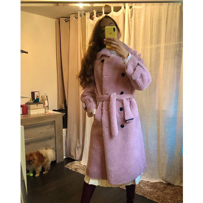 TOPFUR Real Fur Coat Women Winter Sheepskin Coat With Belt Lapel Collar New Genuine Leather Coat Gray Woolen Jacket Outwear 201215
