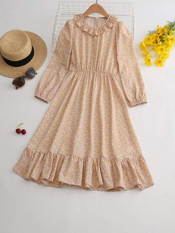 Girls Ditsy Floral Bishop Sleeve Ruffle Trim Dress SHE