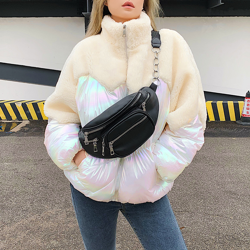 Fashion Holographic Winter Coat Women Warm Parka Faux Fur Patchwork Womens Down Jacket Outwear Zipper Coats Overcoat T200116