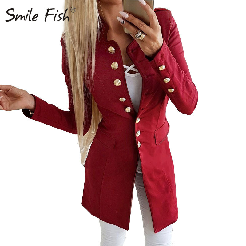 Office Women Long Coat Overall Fashion Single Breasted Winter Slim Jacket Solid Female Red Black Botton Sleeve Outerwear M0235 T200111