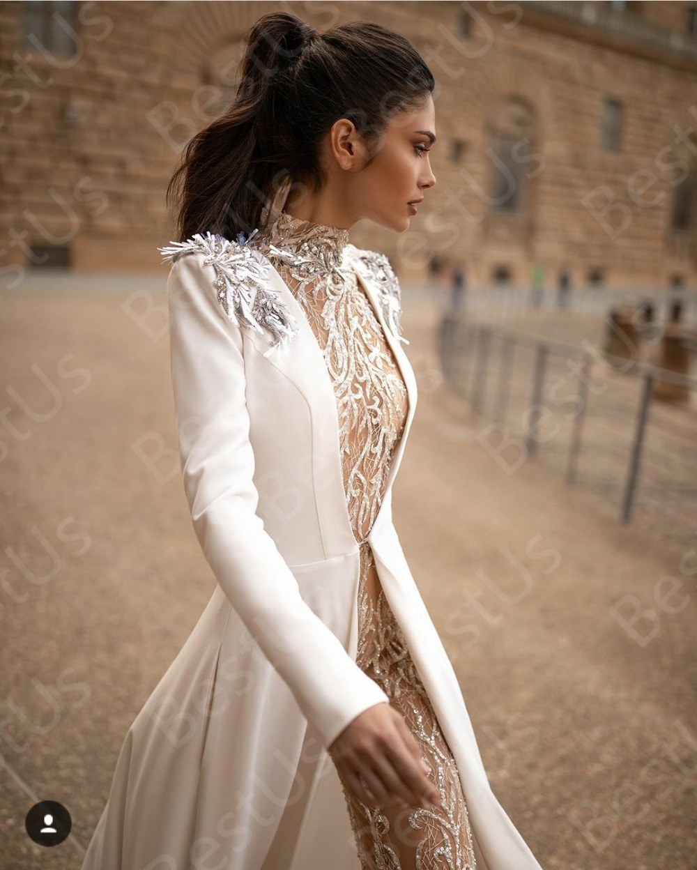 Illusion Prom Dresses High Collar Lace Applique Elegant Formal Dress With Jacket Long Sleeve Beaded Jumpsuits robes de soirée