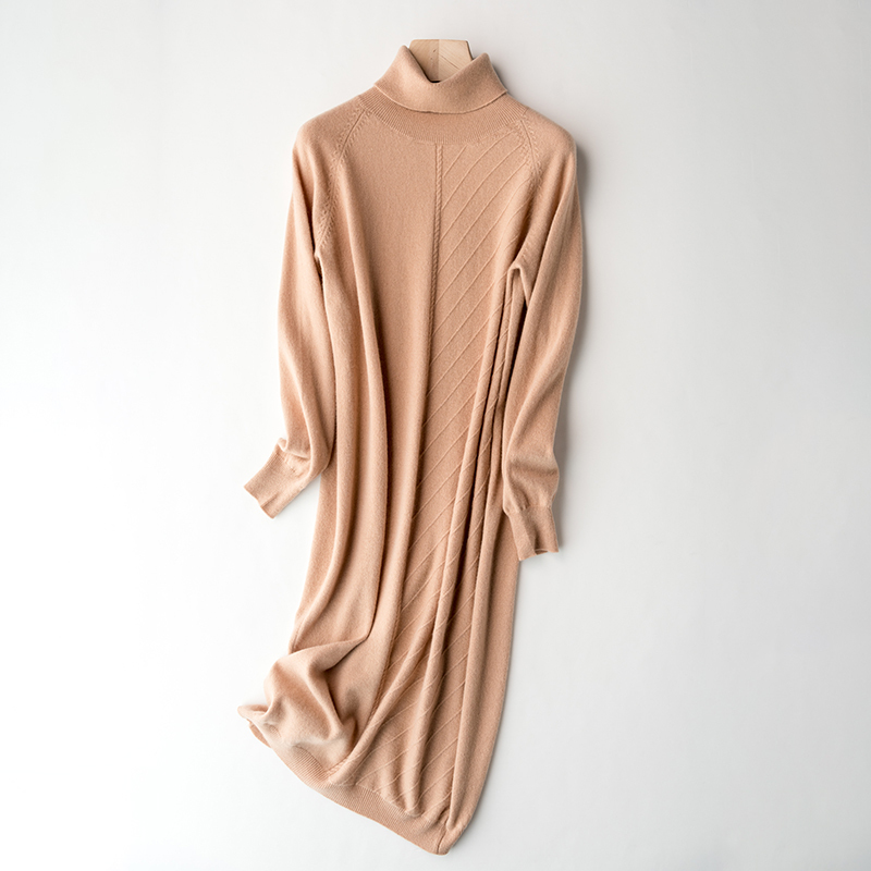 Women Fashion sweater 100% Wool Knitted Turtleneck Sweater Longer Dress Female Winter Autumn High Quality Stardard Woolen Dress 201126