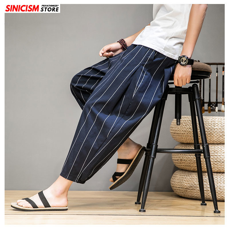 MrGoldenBowl Store Male Striped Cotton Linen Pants Men CalfLength Loose Harem Pants Mens Vintage Casual Trousers Clothing 201110