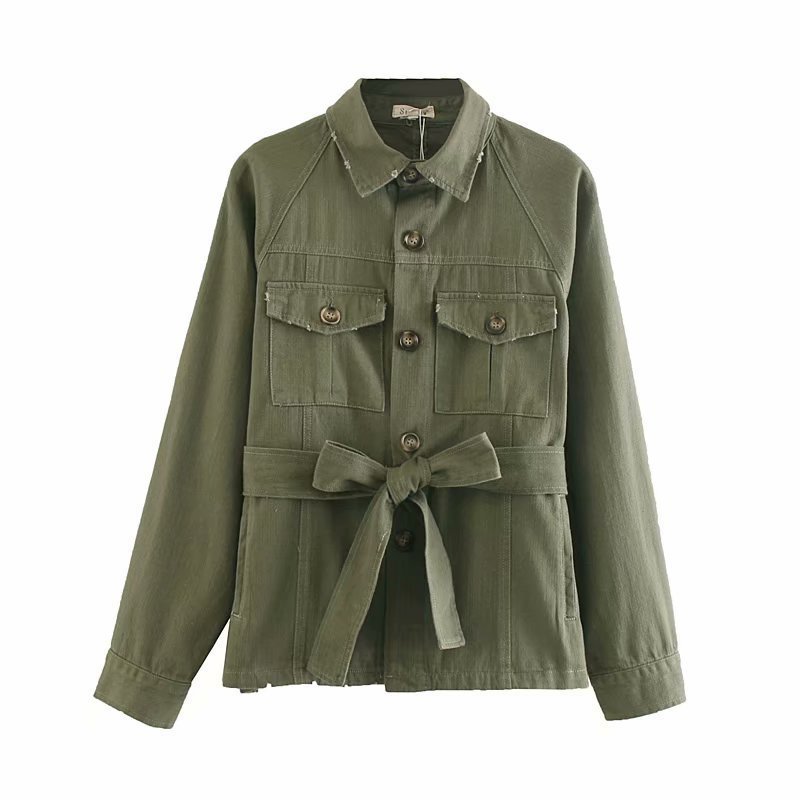 vintage khaki cargo denim jacket women casual sashes pocket bomber jacket autumn winter coats and jackets 201029