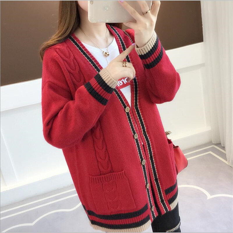 Knit Cardigan New Women's Spring And Autumn Jacket Chic Loose Striped Pockets Long Sweater Women's 201023
