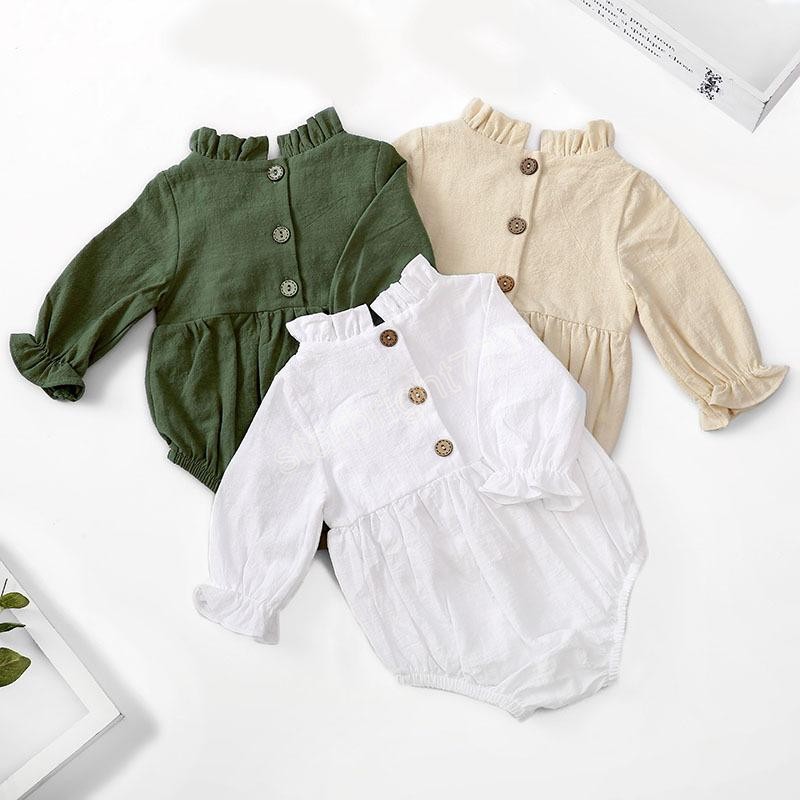Newborn Long-Sleeved Cotton And Linen Baby Romper Solid Color Flying Sleeve Ruffled Neckline Infant Jumpsuit Clothing