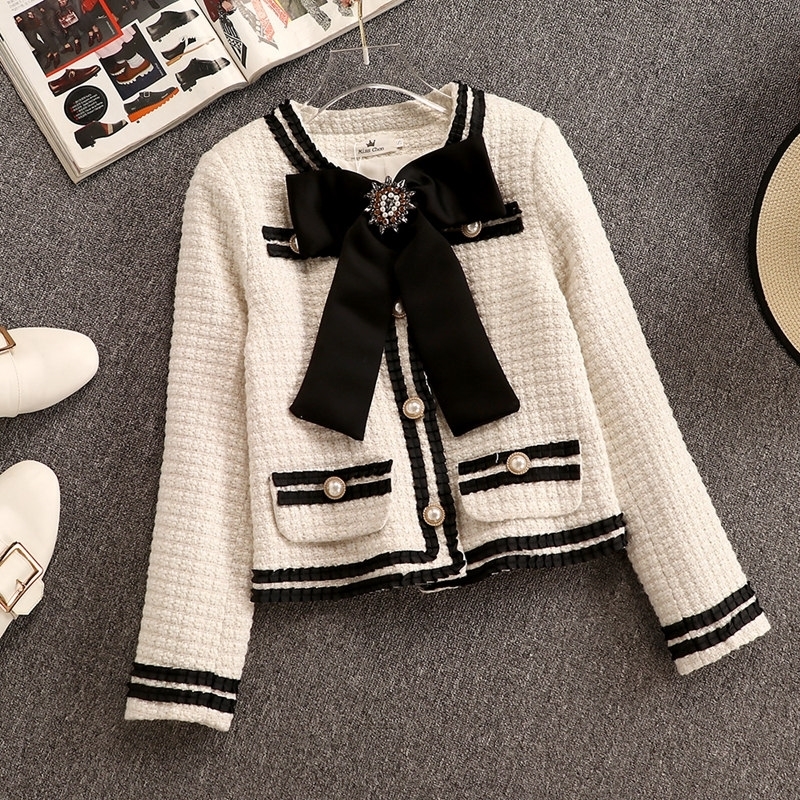 Mozuleva Autumn Winter Wool Suits Women Two Piece Set Beading Big Bowknot Tweed Short Jacket Coat + High Waist Mini Pocket Skirt 201027