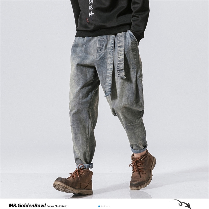 MrGoldenBowl Store Men Denim Jeans Men Harem Jeans Pants Male Drawstring Belt Vintage Trousers 201223
