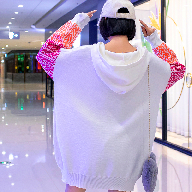Vefadisa Diamond Cartoon Print Women Sweater Autumn Winter Thick Plus Size Patchwork Coat Hooded Pullover Knitted QYF4318 201223