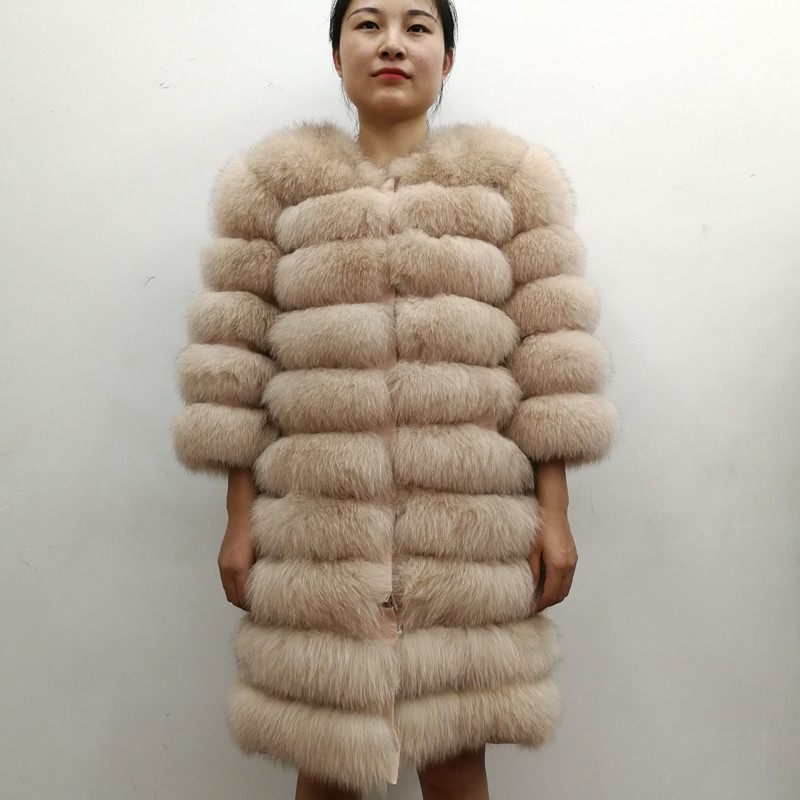 100% Natural Real Fox Fur Coat Women Winter Genuine Vest Waistcoat Thick Warm Long Jacket With Sleeve Outwear Overcoat plus size 201103