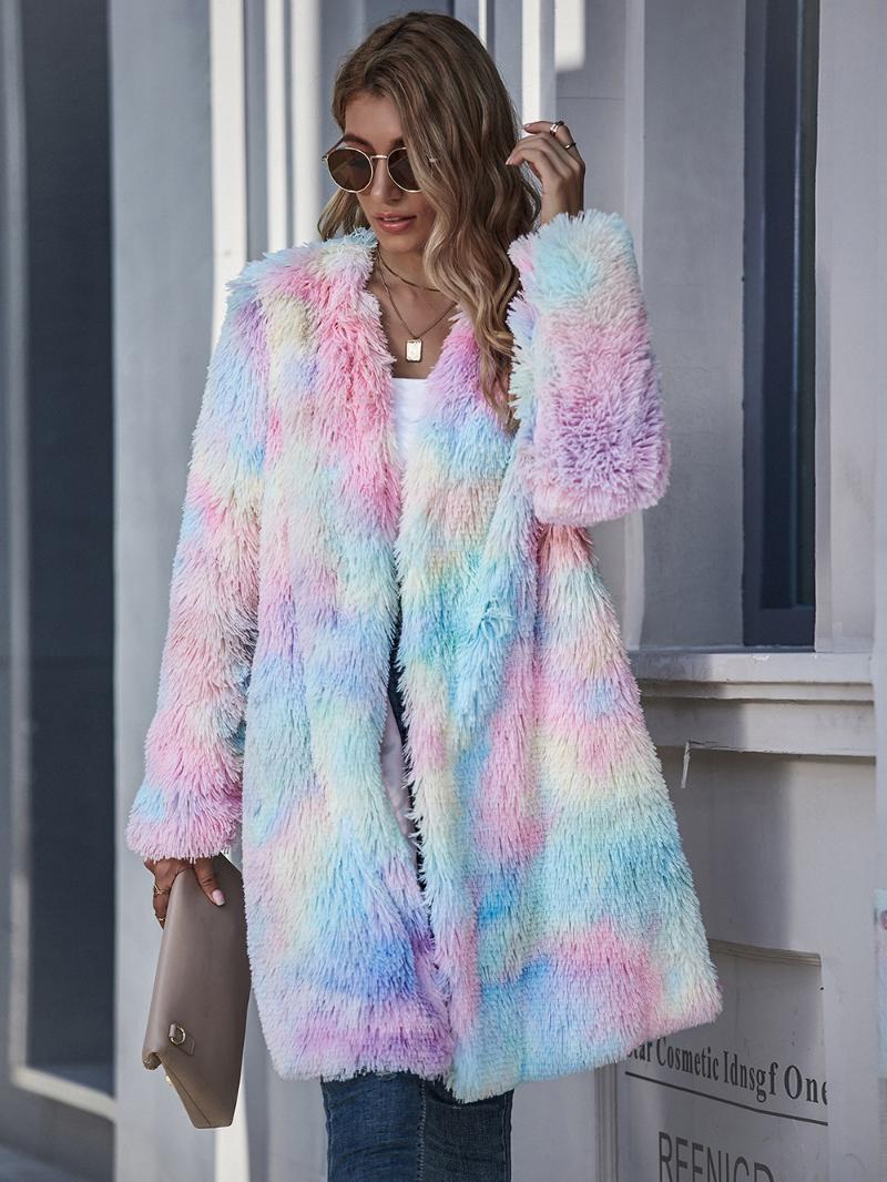 Women039s Fur Faux Winter Rainbow Tie Dye Coats And Jackets Women Streetwear Polar Fleece Plush Oversized6639910