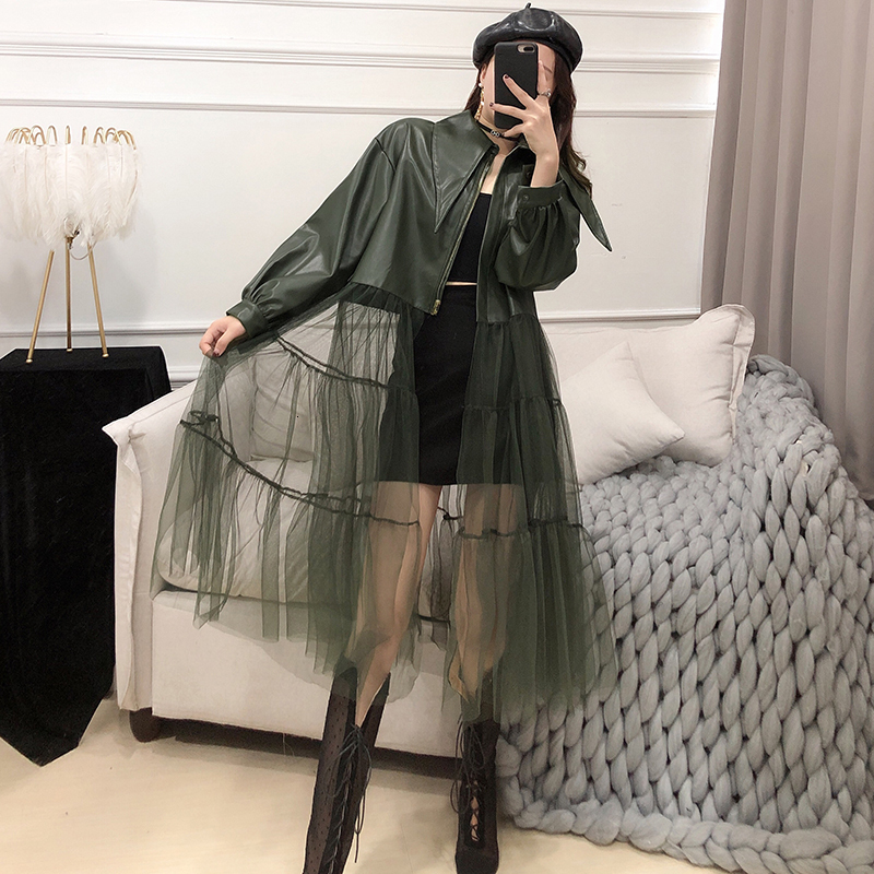LANMREM Spring New Jackets Women Fashion Solid Color Long Mesh Gauze Stitching PU Leather Coat With Belt Female PB279 T200212