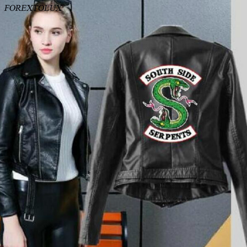 Riverdale Women PU Zipper Belt Jacket Fashion America Kpop Motorcycle Crop Tops Southside Serpents Artificial Leather Coat Red 201029