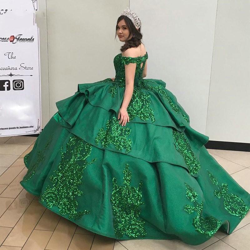 Emerald Green Ball Gown Vestidos De Quinceanera Dresses 2021 Floral Lace Ruffle Bling Satin Off The Shoulder Sweet 16 Dress Prom Graduation