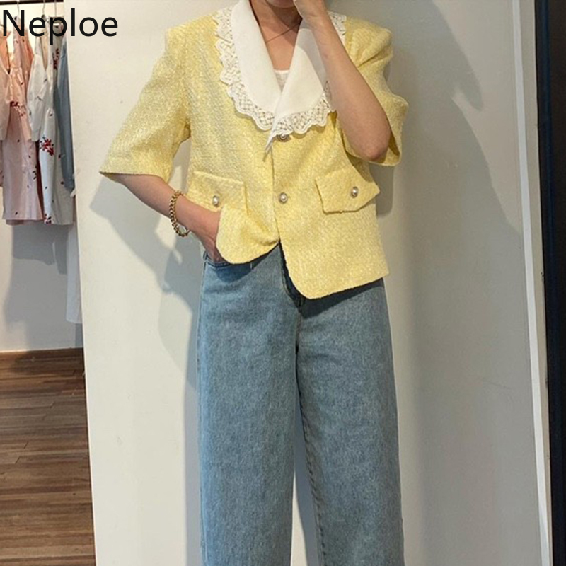 Neploe Lace Patchwork Jacket Women spring Korean Ins Single Breatsed Long Sleeve Coats Femme Loose Fashion Ladies Top 1C856 201112