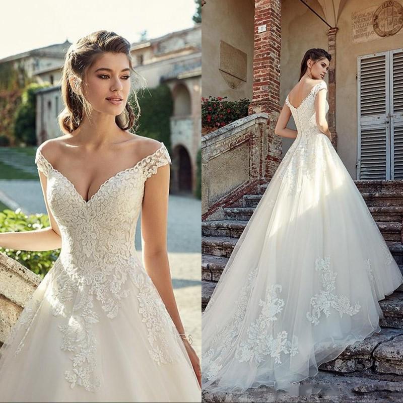 Elegant Off The Shoulder Dresses Lace Applique Sweep Train Custom Made Straps Garden Wedding Bridal Gown Vestido De Novia