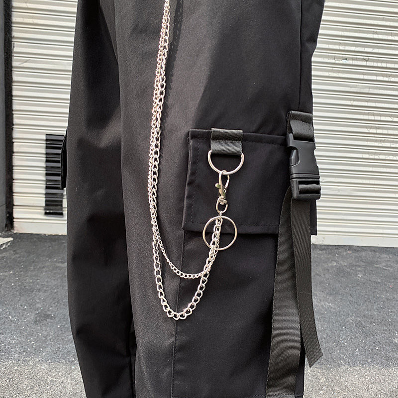 Women's Cargo Pants Buckle Ribbon Pocket Jogger Elastic Waist High Streetwear Harajuku Punk Ring Chain Females Trousers 201106